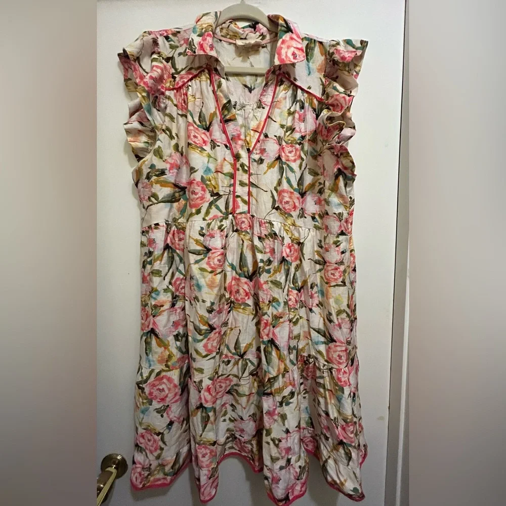 Umgee Womens Ruffled Sleeveless Off White Dress w/pink flowers & Foliage,Sz XL - Picture 1 of 8